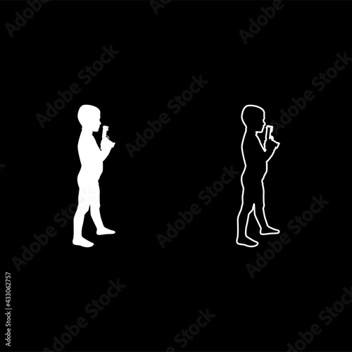 Boy holds toy gun Child playing with pistol game Childhood Shooting weapon concept Preschool Cute little male playing criminal silhouette white color vector illustration solid outline style image