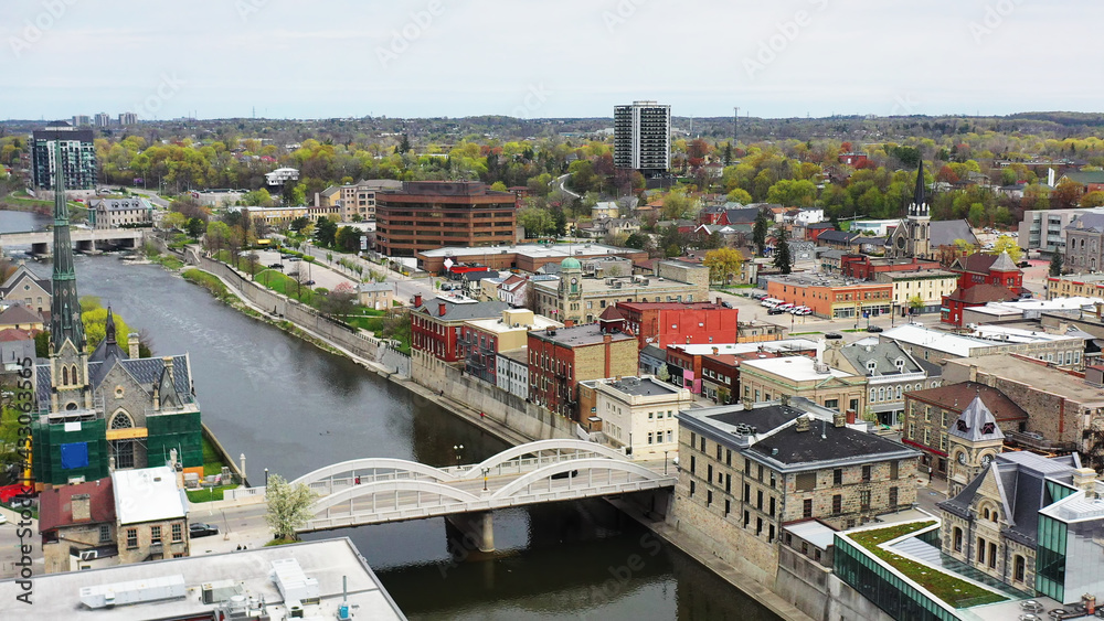 Aerial of the city of Cambridge, Ontario, Canada
