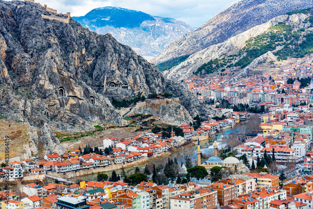 Amasya city overview from mountain in Turkey