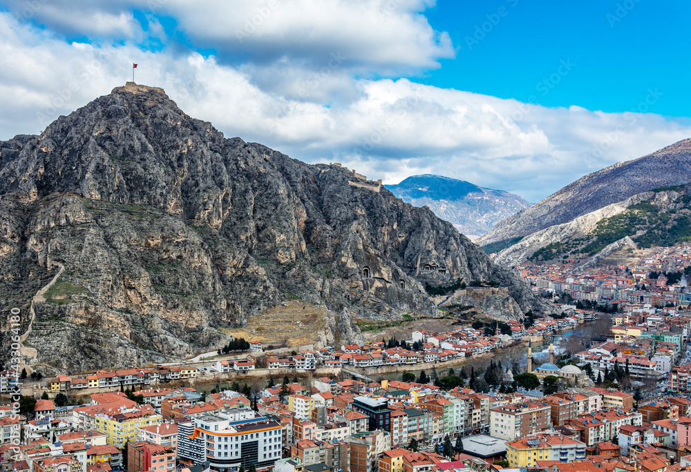 Amasya city overview from mountain in Turkey