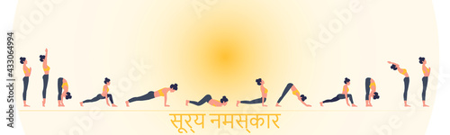 Surya Namaskar long vector banner isolated on the white background. Set of yoga poses. Woman yoga, eps 10