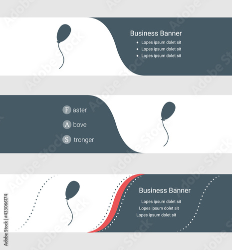 Set of blue grey banner, horizontal business banner templates. Banners with template for text and balloon symbol. Classic and modern style. Vector illustration on grey background