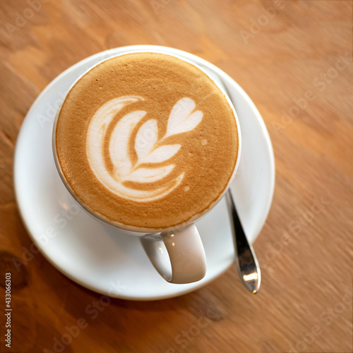 Top view of creamy cappuccino. Cup of coffee drink with heart drawn on foam. White ceramic cup with saucer on wooden table background. Close up shot. Soft focus.