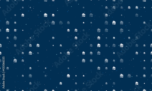 Seamless background pattern of evenly spaced white house symbols of different sizes and opacity. Vector illustration on dark blue background with stars