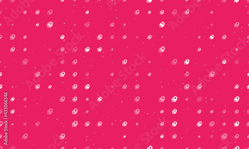 Seamless background pattern of evenly spaced white real estate location symbols of different sizes and opacity. Vector illustration on pink background with stars