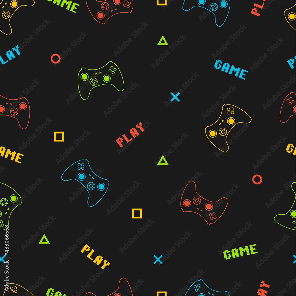 Joystick gamepad seamless pattern with pixel text. Typography graphics for t-shirt prints and other video game concept. Vector illustration.