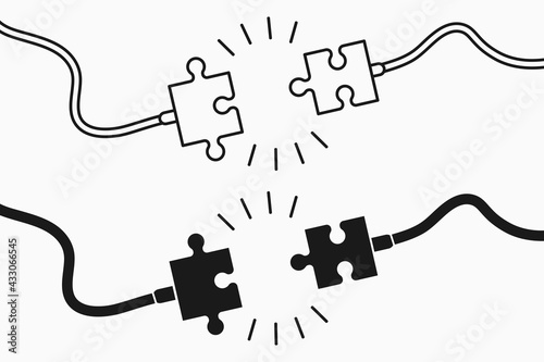 Electric plug and socket in puzzles pieces form. Unplugged electric plug with wire cable and socket in the form of jigsaw puzzle piece. Connection,  disconnection ana 404 error concept. Vector.
