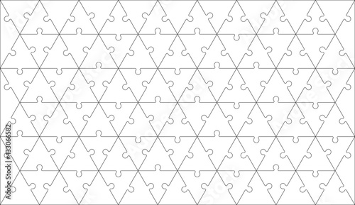 Puzzles grid - blank template with pieces in triangle shape. Jigsaw puzzle with triangle geometric piece. Mosaic background for thinking game. Game with details. Vector illustration.