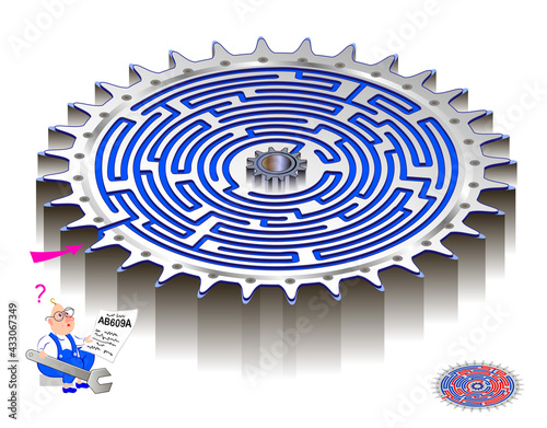 Logic puzzle game with labyrinth for children and adults. Help the worker find the way to central gear. Worksheet for kids brain teaser book. Play online. Illustration with maze in steampunk style.