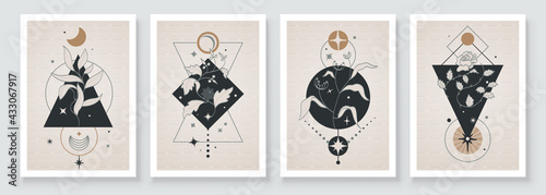Abstract contemporary art with celestial geometry shapes. Esoteric mystical celestial botanical sacred wall art. Wall decor painting. Minimalistic background design. Vector illustration.