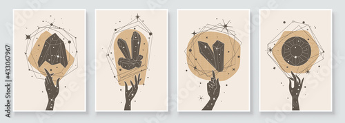 Abstract contemporary art with crystal and gem geometry shapes. Esoteric mystical celestial sacred wall art with woman hand. Wall decor painting. Minimalistic background design. Vector illustration.