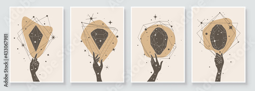 Abstract contemporary art with crystal and gem geometry shapes. Esoteric mystical celestial sacred wall art with woman hand. Wall decor painting. Minimalistic background design. Vector illustration.
