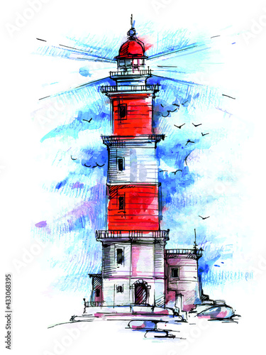 Lighthouse by the sea. Ocean waves under the sky