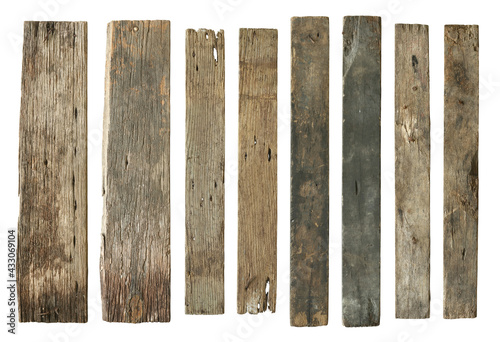 Wood plank weathered damaged set (with clipping path) isolated on white background