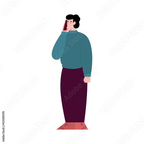 Young man talking or listens interlocutor on mobile phone a vector illustration.