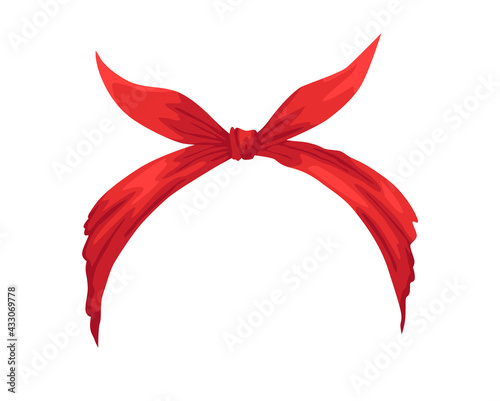 Retro headband for woman. Mockup of decorative hair knott. Red bandana windy hair dressing. Tied handkerchief for hairstyle