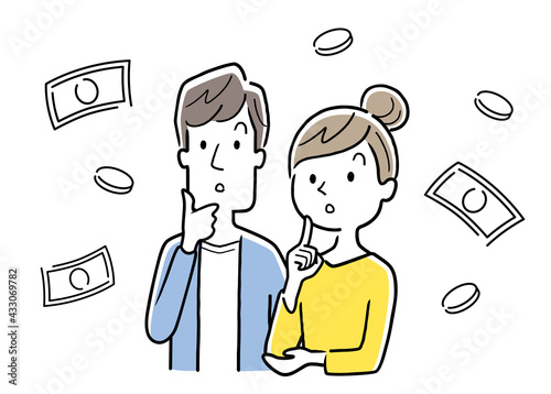 ベクターイラスト素材：お金のことを考える夫婦、カップル
