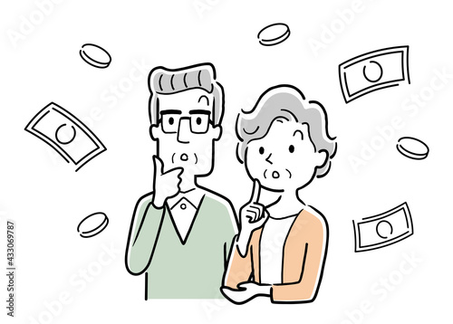 ベクターイラスト素材：お金のことを考えるシニア夫婦
