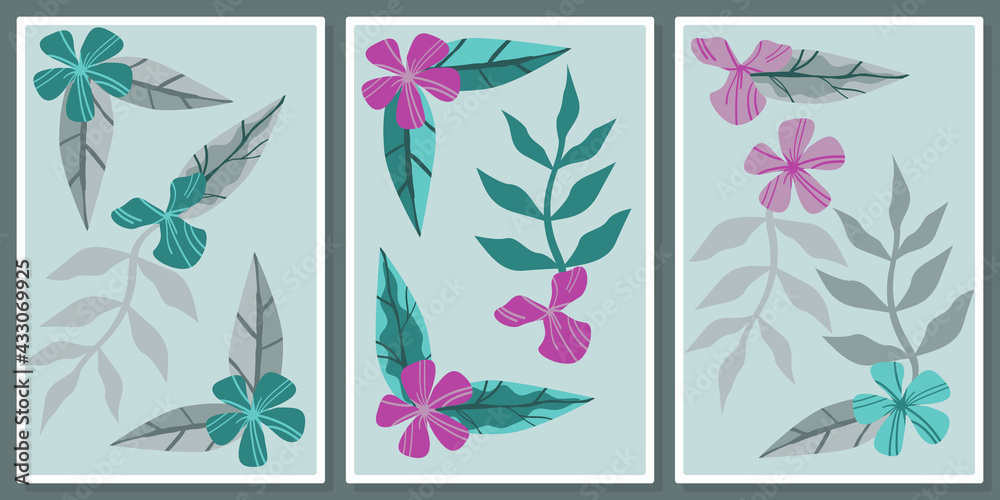 hand drawing purple and turquoise flowers - wall art vector set.  For wall art, poster, wallpaper, print. 