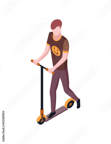 People in park isometric. Man riding on scooter. Active living recreation activities. Spending free time usefully. Vector character isolated on white