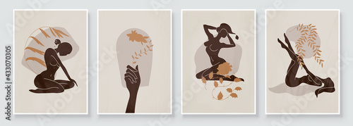 Abstract composition art with nude woman in leaves. Earth tones colors wall art decor. Soft color painting boho style background. Minimalistic background design. Vector illustration.