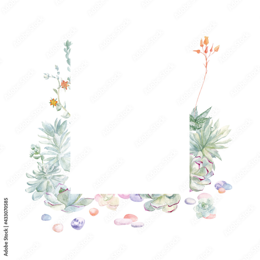 watercolor frame with succulents. hand-drawn exotic plants and multi-colored pebbles on a light background. Suitable for wallpapers, backgrounds, social media posts, invitations, greetings

