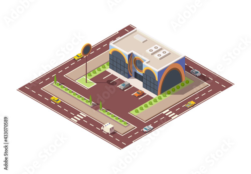 Isometric supermarket or grocery store building and street. Vector isometric icon or infographic element representing mall building with parking lot. 3D shop market for city infrastructure
