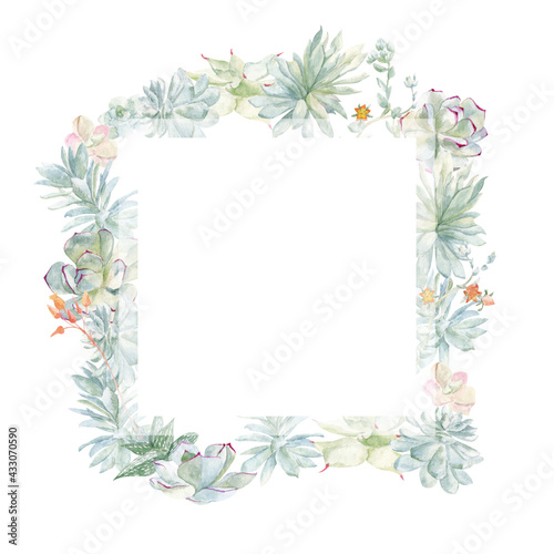 watercolor frame with succulents. hand-drawn exotic plants and multi-colored pebbles on a light background. Suitable for wallpapers  backgrounds  social media posts  invitations  greetings 