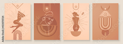 Abstract composition art with nude female silhouette in sunrise or sunset. Earth tones colors wall art decor. Soft color painting boho style background. Minimalistic background. Vector illustration.