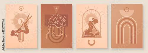 Abstract composition art with nude female silhouette in sunrise or sunset. Earth tones colors wall art decor. Soft color painting boho style background. Minimalistic background. Vector illustration.