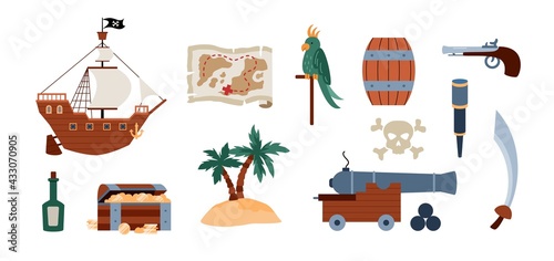 Colorful vector cartoon set of pirate icons for piracy design.