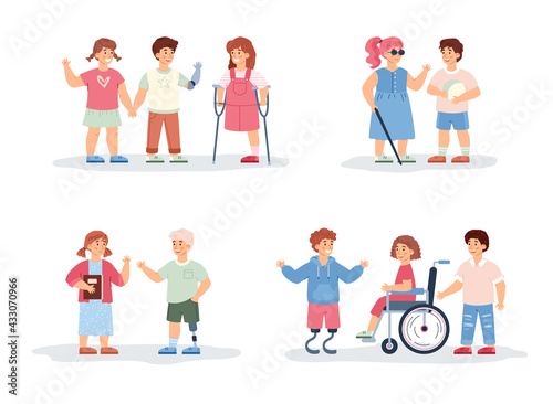 Disabled girls and boys, handicapped kids and helping them friends.