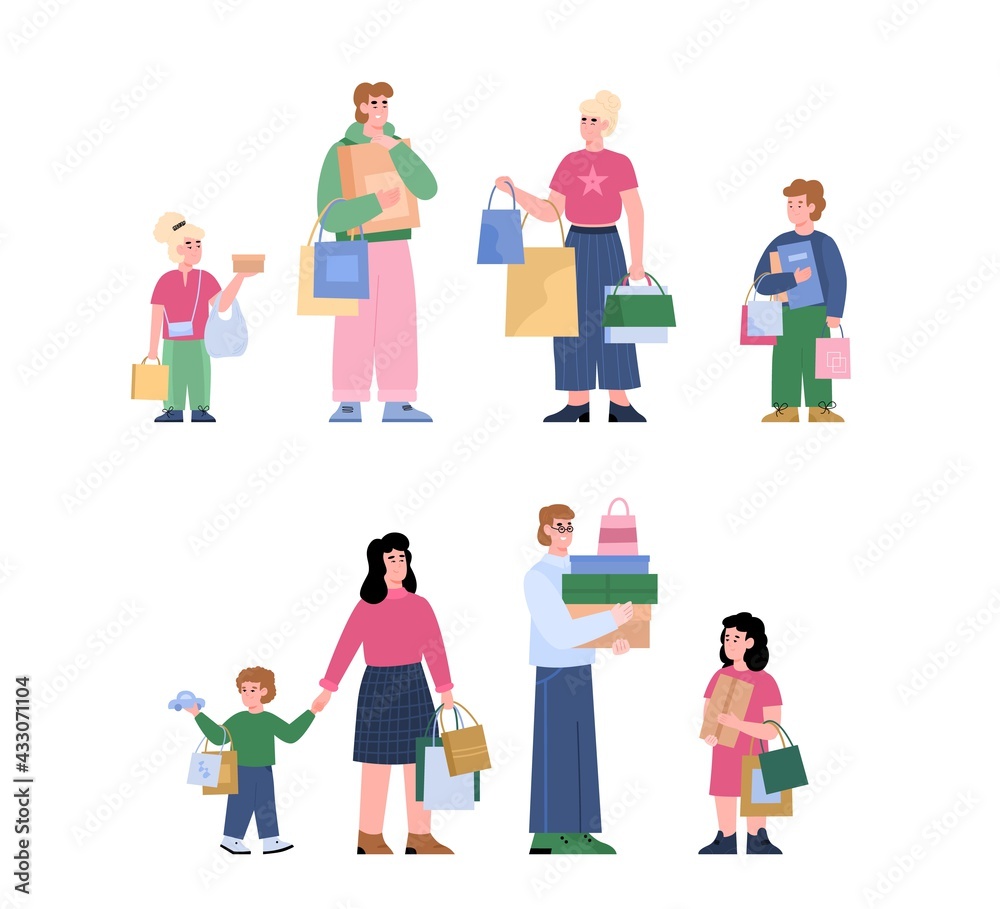 Set of happy family and children shopping, flat vector illustration isolated.