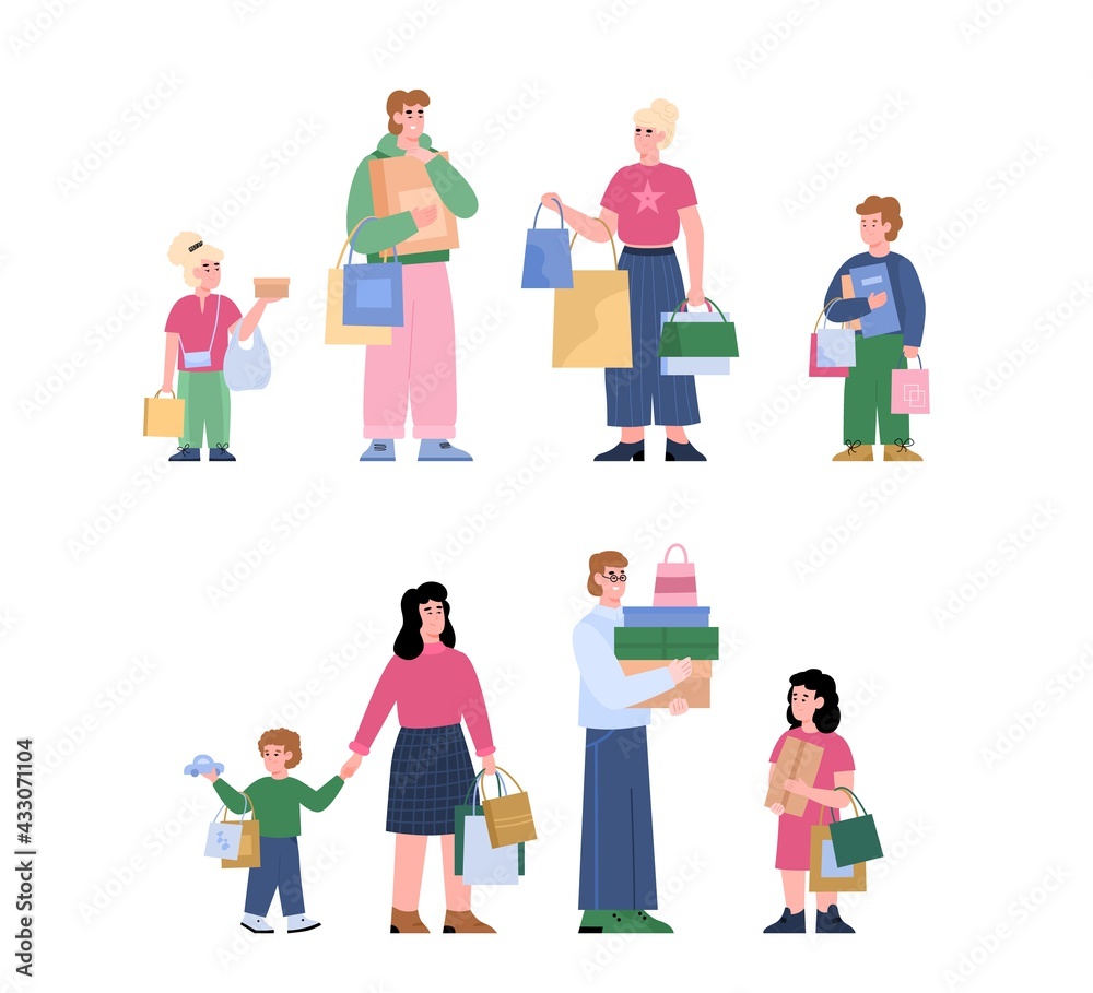Set of happy family and children shopping, flat vector illustration isolated. Set of happy family and children shopping, flat vector illustration isolated.