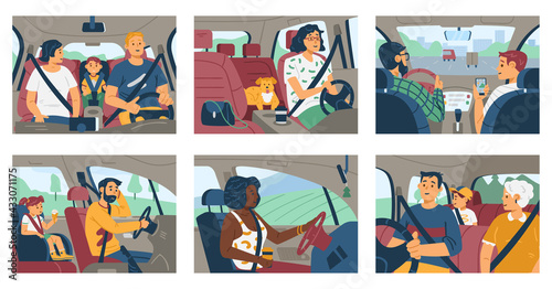 People, families and friends inside car driving, flat vector illustration.