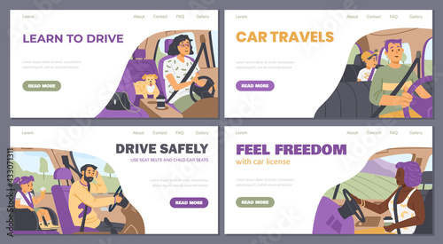 A set of people travel inside their cars during vacation or weekend road trip.