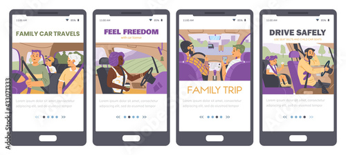 Onboarding pages bundle with people inside car, flat vector illustration.