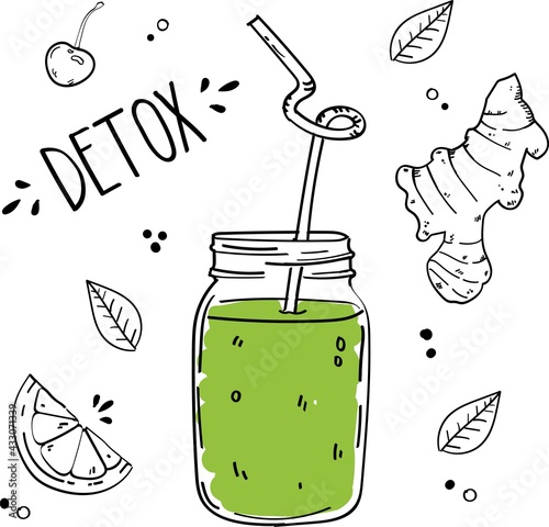 Fresh organic Smoothies or detox posters in hand-draw style.  Vector illustration