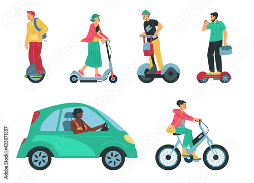 People riding electric eco friendly vehicle, flat vector illustration isolated.