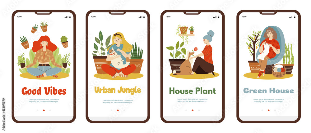 Onboarding pages on green house and home houseplanting flat vector illustration.