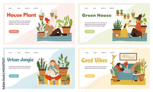 Set of web banners with women among houseplants, flat vector illustration.