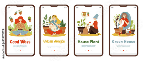 Onboarding pages on green house and home houseplanting flat vector illustration.