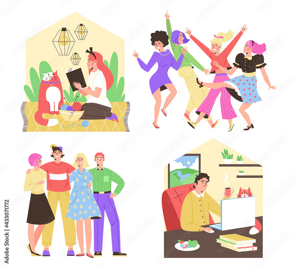 Introvert and extrovert mental psychotypes flat vector illustration isolated.