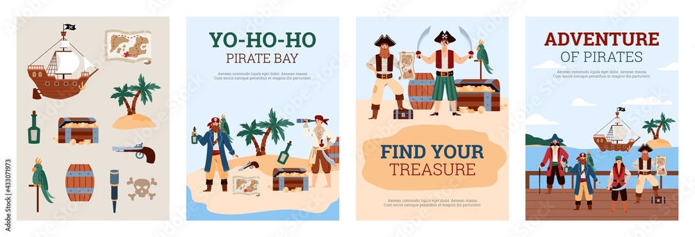 Design vector posters with captains sailors and symbols of pirate adventures.