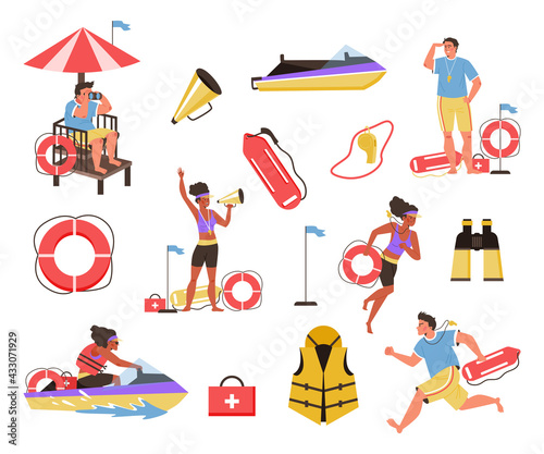 Beach lifeguards rescue team characters flat vector illustration isolated.