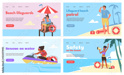 Web banners for beach lifeguards and water rescue, flat vector illustration.