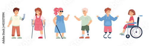 A set of girls and boys with disabilities a flat vector isolated illustrations