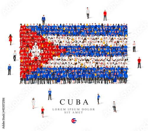 A large group of people are standing in blue, white and red robes, symbolizing the flag of Cuba.