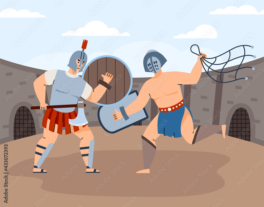 Fototapeta premium Fight of two Roman gladiators in arena, cartoon vector illustration isolated.