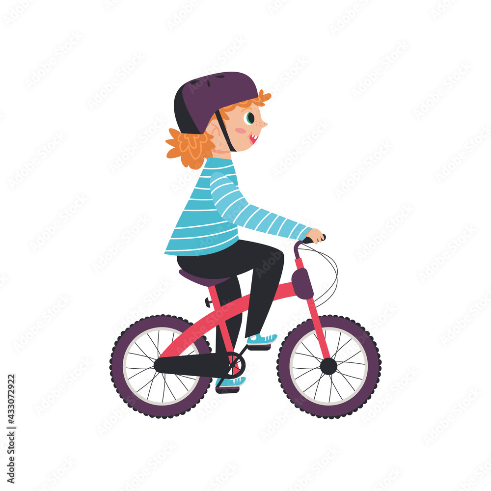 Naklejka premium Cheerful child girl in helmet riding bicycle, flat vector illustration isolated.